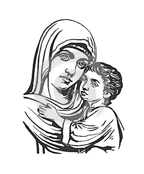 Madonna and Child graphic sketch. Blessed Virgin Mary with Baby Jesus vector cartoon illustration isolated on white background.