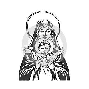 Madonna and Child graphic sketch. Blessed Virgin Mary with Baby Jesus vector cartoon illustration isolated on white background.