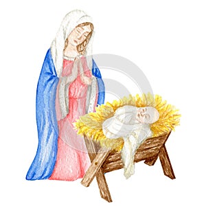Madonna and child Jesus, Saint Virgin Mary holding baby Jesus Christ watercolor illustration isolated on white