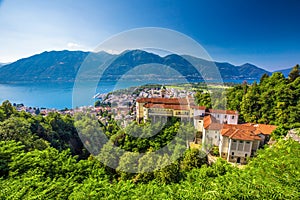 Madonna del Sasso Church above Locarno city, lake Maggiore Lago Maggiore and Swiss Alps in Ticino, Switzerland