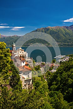 Madonna del Sasso Church in Locarno, lake Maggiore (Lago Maggiore) and Swiss Alps in Ticino, Switzerland.
