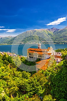 Madonna del Sasso Church in Locarno, lake Maggiore (Lago Maggiore) and Swiss Alps in Ticino, Switzerland.