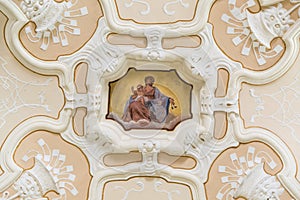 Madonna and Jesus child painted on the ceiling of a church.