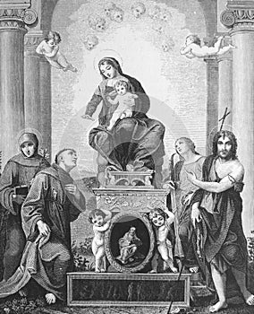 Madonna and Saints by Fra Bartolomeo, an Italian Renaissance painter of religious subjects in the old book Histoire des Peintres, photo