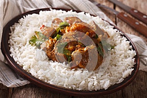 madras beef with garnish basmati rice close-up on a plate. horizontal