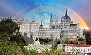 Madrid, Almudena Cathedral wtih rainbow, Spain