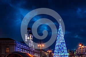 Madrid at Christmas. City Hall and the famous Puerta del Sol clock in Madrid.