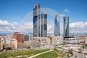 Madrid cityscape at daytime. Landscape of Madrid business building at Four Tower. Modern high building in business district area