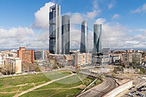 Madrid cityscape at daytime. Landscape of Madrid business building at Four Tower. Modern high building in business district area