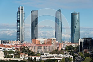 Madrid cityscape at daytime. Landscape of Madrid business building at Four Tower. Modern high building in business district area