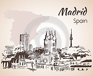 Madrid cityscape with map.