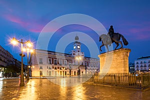 Madrid cityscape at night. Landscape of Puerta del Sol square Km