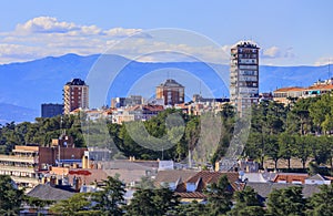 Madrid cityscape overlooking Sierra de Guadarrama mountain, Spain