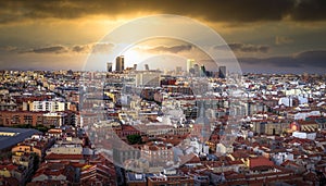 Madrid cityscape at sunset with financial district and most famous buildings, Spain, Europe.