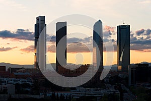 Madrid Four Towers financial district skyline during sunset in M