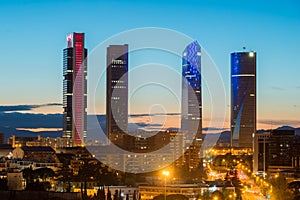 Madrid Four Towers financial district skyline at twilight in Mad