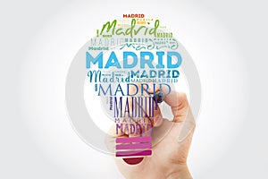 Madrid light bulb word cloud, travel concept background