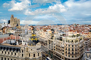 Madrid panoramic aerial view of Gran Via, main shopping street in Madrid, capital of Spain, Europe