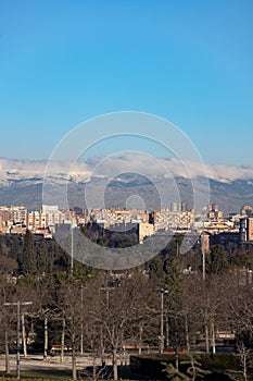 Madrid. Pollution. Contamination. Views of the city of Madrid with a gray and brown layer of pollution beret over the city.