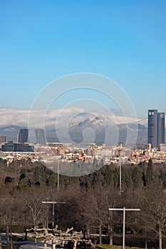 Madrid. Pollution. Contamination. Views of the city of Madrid with a gray and brown layer of pollution beret over the city.