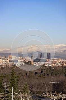 Madrid. Pollution. Contamination. Views of the city of Madrid with a gray and brown layer of pollution beret over the city.