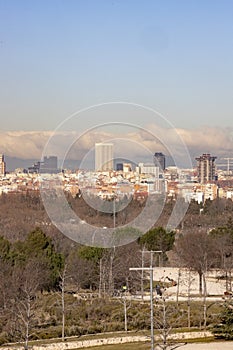 Madrid. Pollution. Contamination. Views of the city of Madrid with a gray and brown layer of pollution beret over the city.