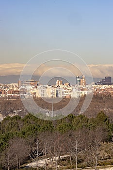 Madrid. Pollution. Contamination. Views of the city of Madrid with a gray and brown layer of pollution beret over the city.