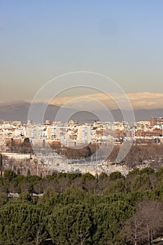 Madrid. Pollution. Contamination. Views of the city of Madrid with a gray and brown layer of pollution beret over the city.