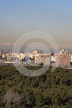 Madrid. Pollution. Contamination. Views of the city of Madrid with a gray and brown layer of pollution beret over the city.