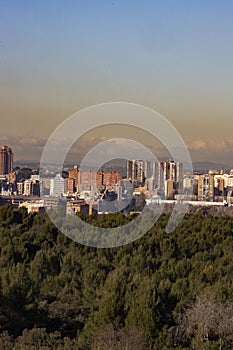 Madrid. Pollution. Contamination. Views of the city of Madrid with a gray and brown layer of pollution beret over the city.