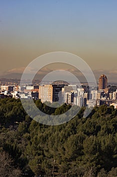 Madrid. Pollution. Contamination. Views of the city of Madrid with a gray and brown layer of pollution beret over the city.