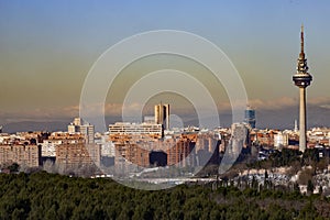 Madrid. Pollution. Contamination. Views of the city of Madrid with a gray and brown layer of pollution beret over the city.