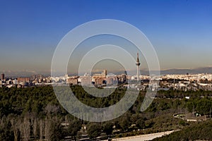 Madrid. Pollution. Contamination. Views of the city of Madrid with a gray and brown layer of pollution beret over the city.