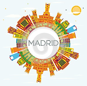 Madrid Skyline with Color Buildings, Blue Sky and Copy Space.