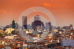 Madrid Skyline with skyscrapers at Sunset