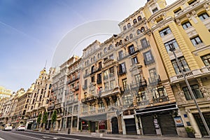 Madrid Spain, city skyline at Gran Via shopping street