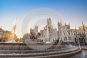 Madrid Spain, city skyline sunrise at Cibeles Fountain