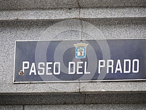 MADRID, SPAIN - DECEMBER 14, 2022: Street name paseo del prado sign on in Madrid, capital of Spain renowned for its rich photo