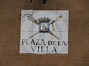 MADRID, SPAIN - DECEMBER 14, 2022: Street name plaza de la villa sign on in Madrid, capital of Spain renowned for its rich photo
