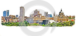 Madrid, Spain downtown skyline, color sketch illustration isolated on white background.