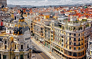 Madrid, Spain. Famous street Gran Via top view