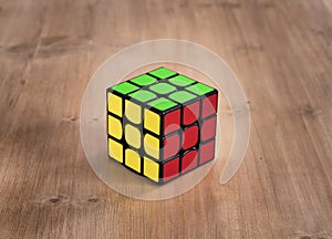 Madrid, Spain; 06 february 2019: Rubik Cube puzzle intelligence toy game solved, three sides