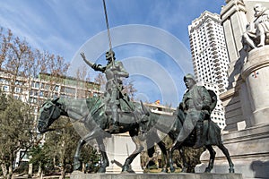 Monument to Cervantes and Don Quixote and Sancho Panza at Spain Square in City of Madrid, Spai