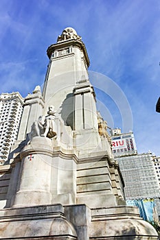 Monument to Cervantes and Don Quixote and Sancho Panza at Spain Square in City of Madrid