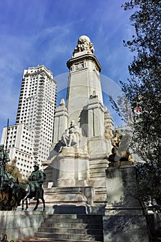 Monument to Cervantes and Don Quixote and Sancho Panza at Spain Square in City of Madrid