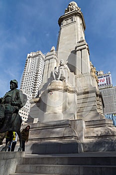 Monument to Cervantes and Don Quixote and Sancho Panza at Spain Square in City of Madrid, Spai