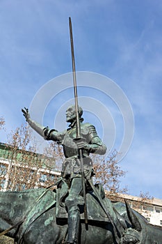 Monument to Cervantes and Don Quixote and Sancho Panza at Spain Square in City of Madrid, Spai