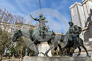 Monument to Cervantes and Don Quixote and Sancho Panza at Spain Square in City of Madrid, Spai