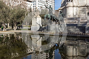 Monument to Cervantes and Don Quixote and Sancho Panza at Spain Square in City of Madrid, Spai