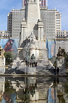 Monument to Cervantes and Don Quixote and Sancho Panza at Spain Square in City of Madrid, Spai